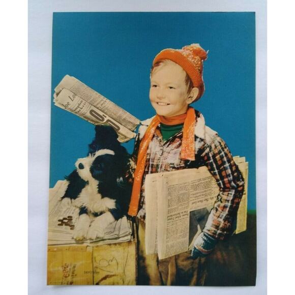 Boy And Dog Black & White Puppy Paperboy Art Print Vintage 1940s Lithograph NOS - Picture 6 of 6